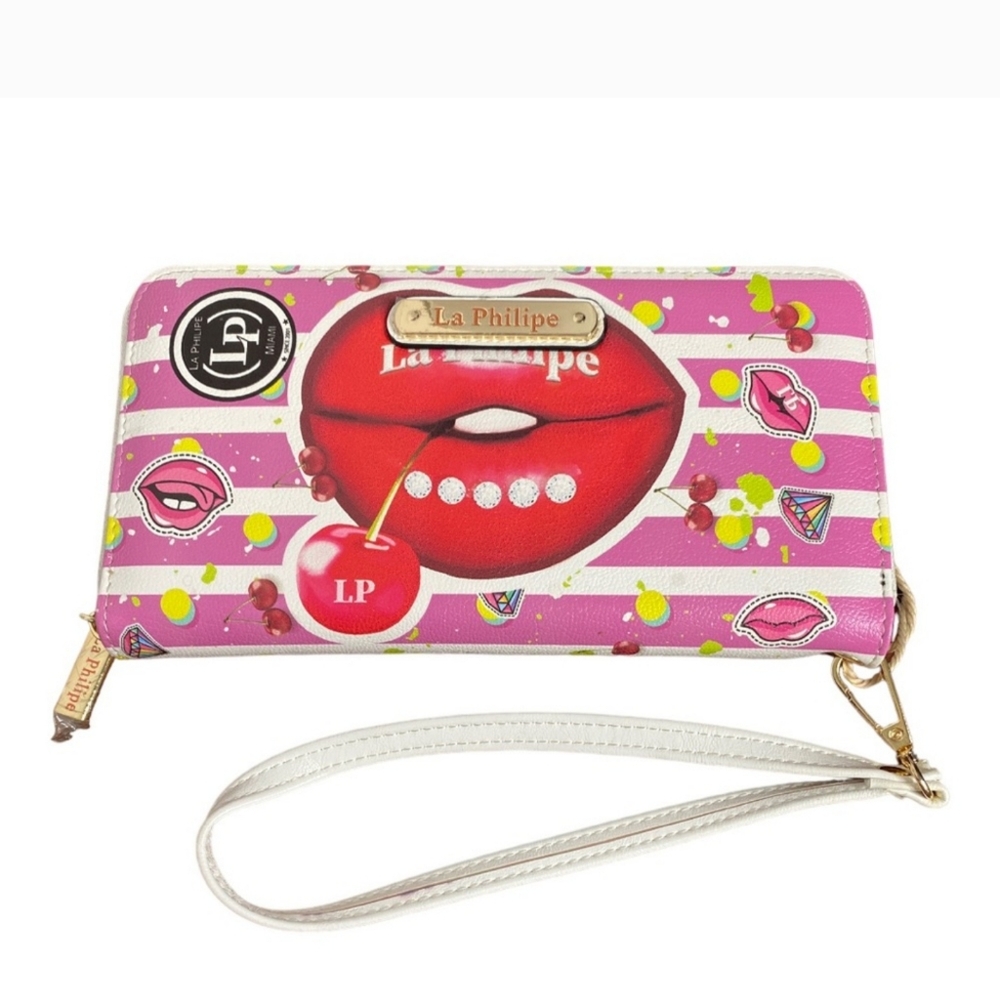 La Phillips Miami Zippered Cherry Lips Wristlet Wallet